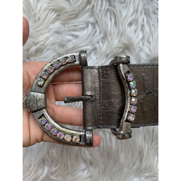Women’s Leather belt metallic gray silver big buckle gems sparkle chunky - Picture 3 of 7
